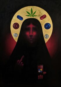 The Religion of the 21st Century artist Valeria Kharlamova oil on canvas gold leaf 2020